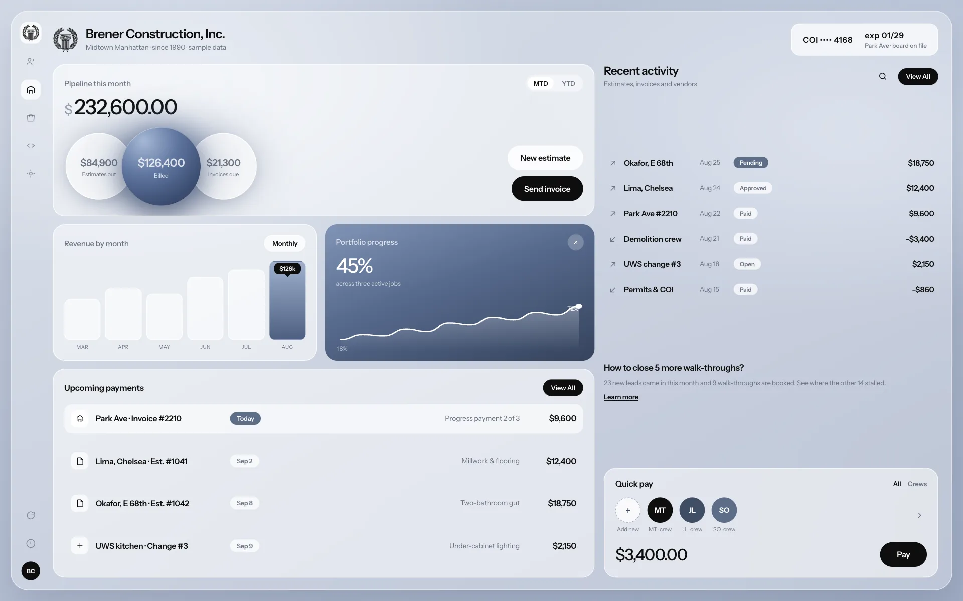 Contractors: Platform dashboard screenshot